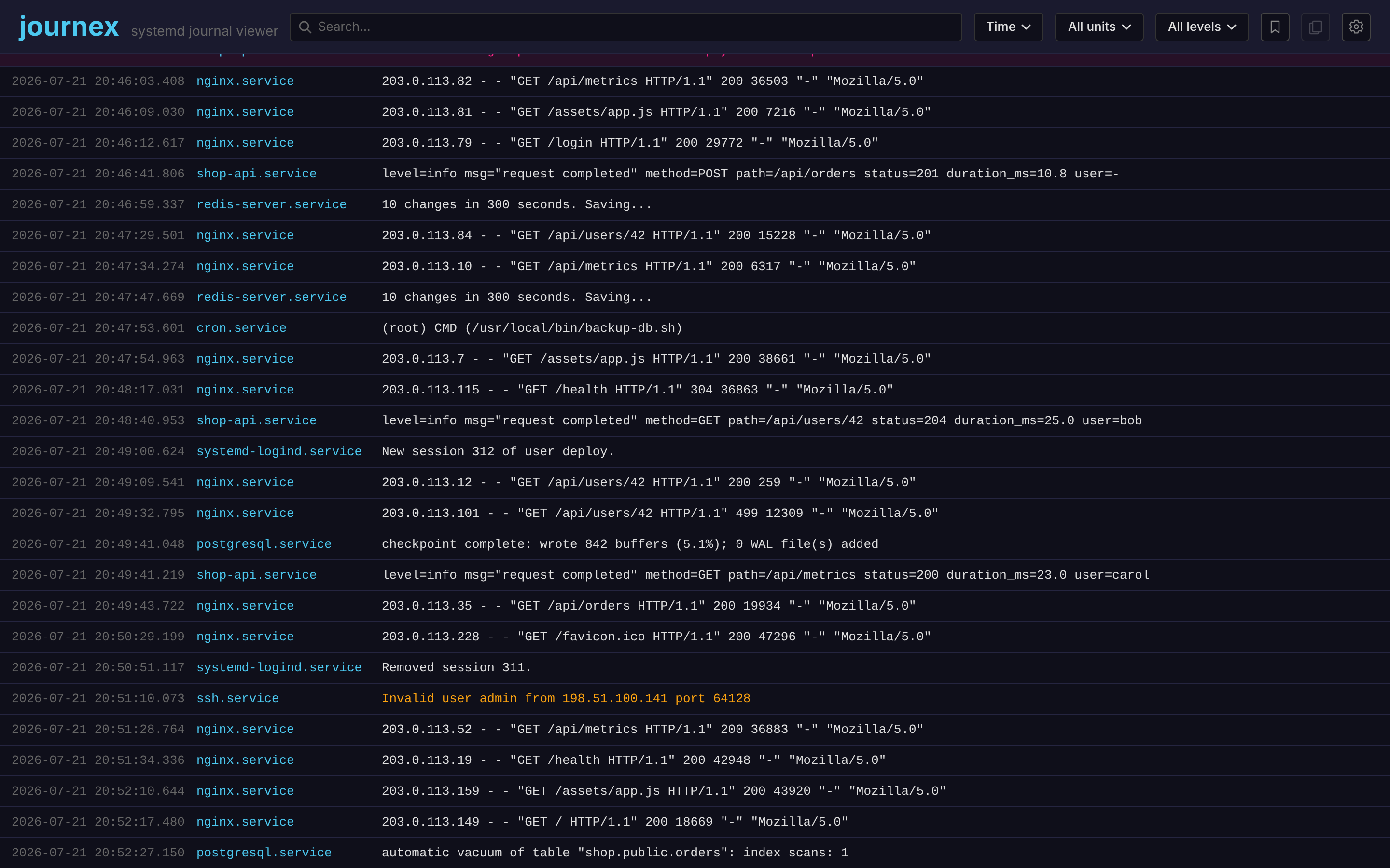 journex main view streaming live journal entries