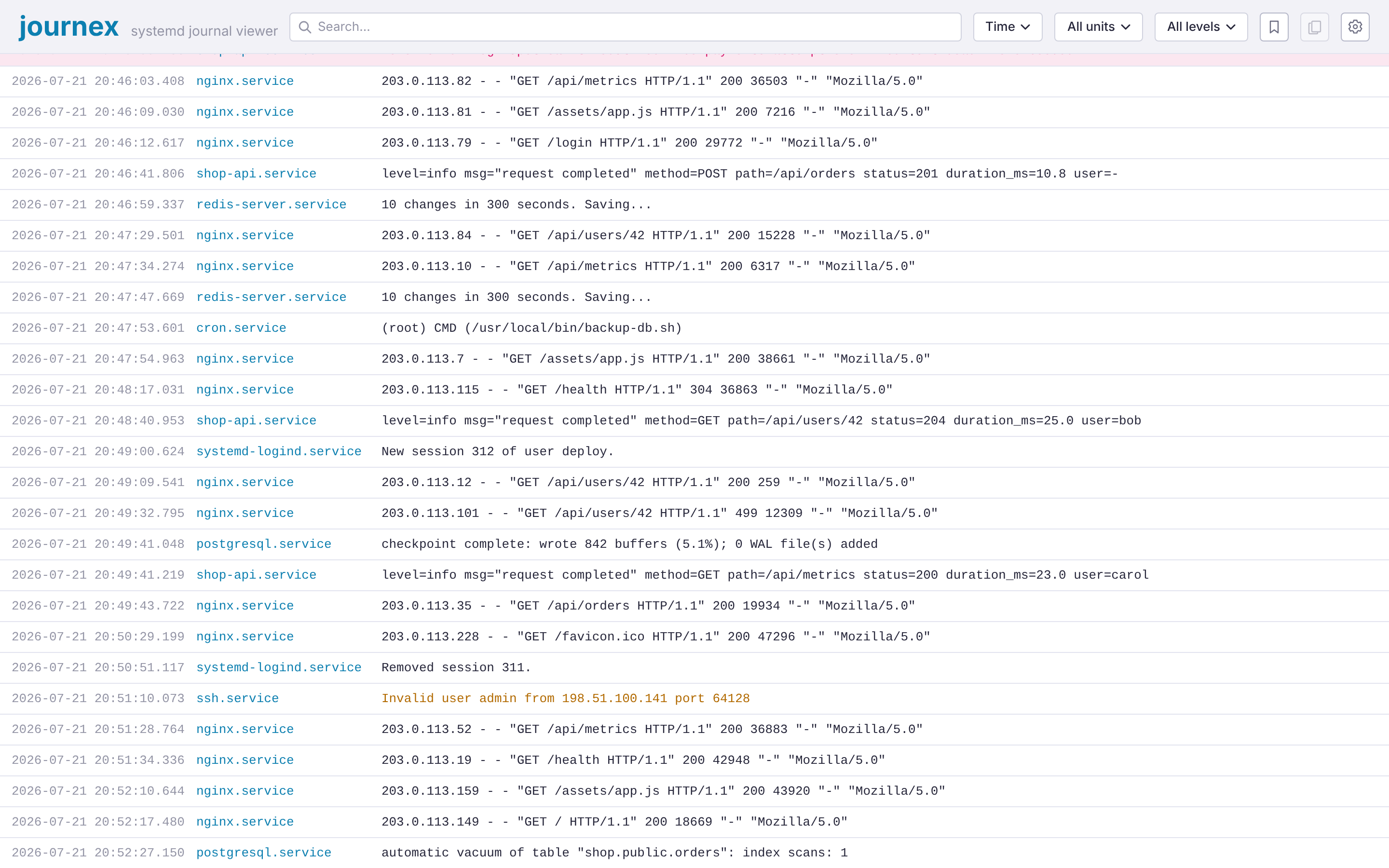 journex main view streaming live journal entries